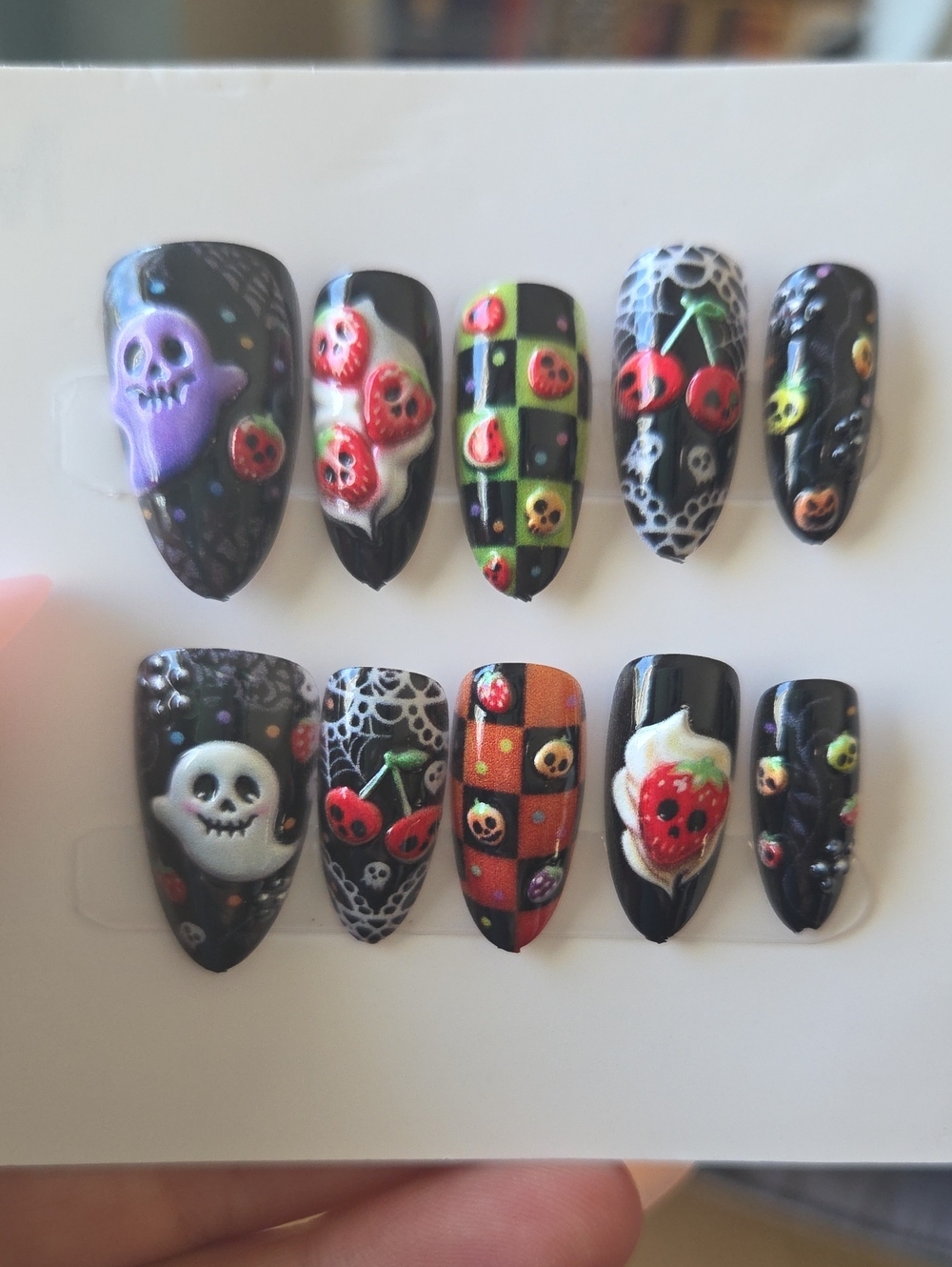 Black Halloween Skull & Cherry Press-On Nail Set